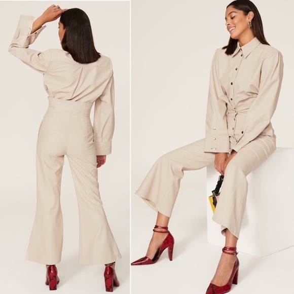 SARA BATTAGLIA Beige Faux Leather Oversized Boxy Snap Button Up Shirt Jacket L - Picture 2 of 13